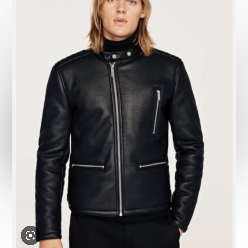 Zara Man Fleece Lined Vegan Leather Jacket with Silver Zipper Hardware